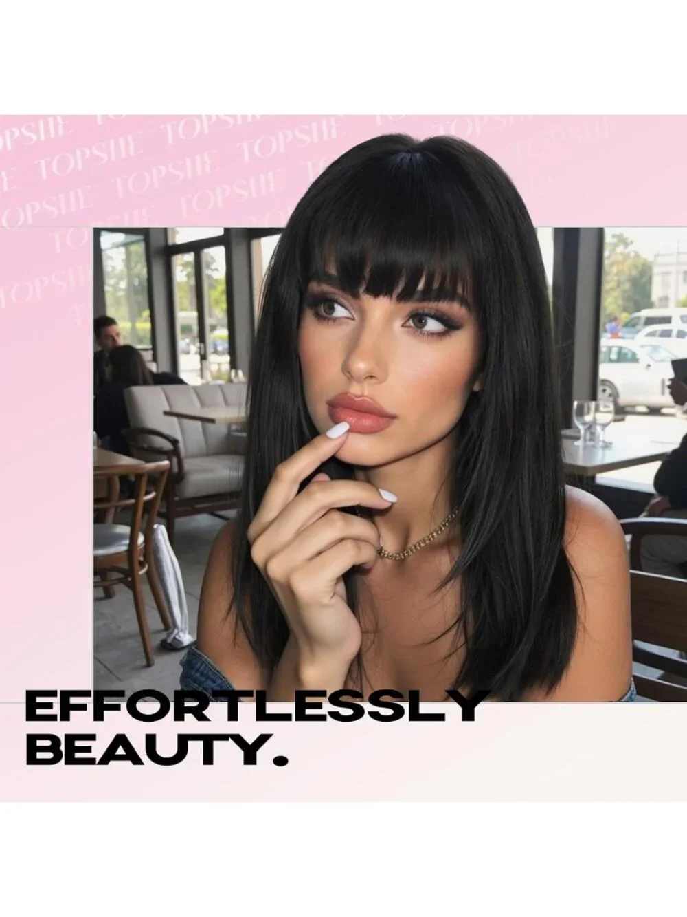 Women's 16 Inch Jet Black Highlight Wig Bang Layered Straight Shoulder Length